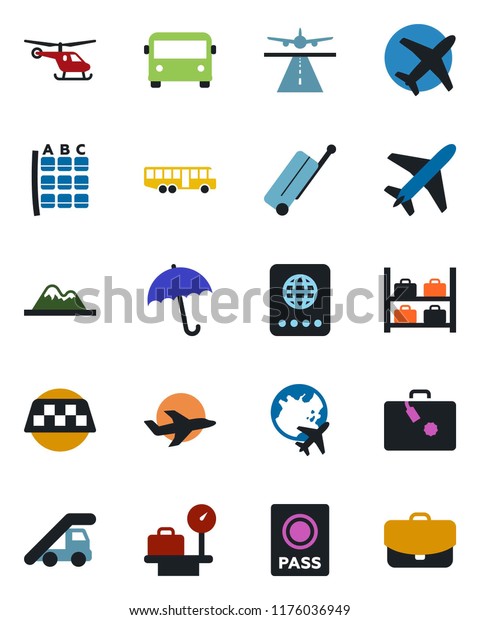 Color and\
black flat icon set - plane vector, runway, taxi, suitcase, airport\
bus, umbrella, passport, ladder car, helicopter, seat map, luggage\
storage, scales, globe, mountains,\
case