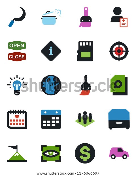 Color and black flat icon set - dollar sign vector,
sickle, medical calendar, patient, themes, sd, document search,
target, archive box, company, open close, steaming pan, eye scan,
information, car