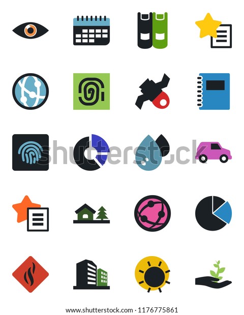 Color and black flat icon set - book vector, circle\
chart, sun, eye, satellite, term, network, favorites list,\
fingerprint id, copybook, pie graph, house with tree, water, smoke\
detector, car
