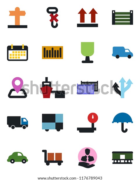 Color and black flat icon set - route vector,\
signpost, navigation, client, cargo container, car delivery, term,\
sea port, consolidated, fragile, umbrella, up side sign, no hook,\
heavy scales