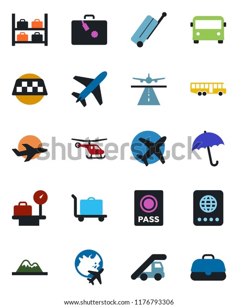 Color and black flat icon set - plane vector,\
runway, taxi, suitcase, baggage trolley, airport bus, umbrella,\
passport, ladder car, helicopter, luggage storage, scales, globe,\
mountains, case