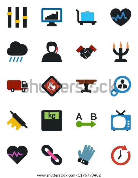 Color and black flat icon set - baggage trolley\
vector, glove, rain, heart pulse, scales, support, car delivery,\
flammable, route, tv, settings, chain, monitor statistics,\
handshake, table, candle