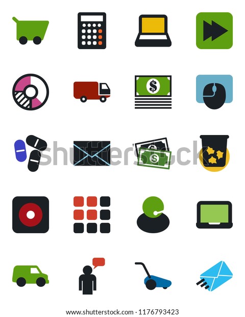 Color
and black flat icon set - trash bin vector, speaking man, mail,
mouse, notebook pc, circle chart, lawn mower, pills, cash, support,
car delivery, fast forward, rec button, menu,
cart