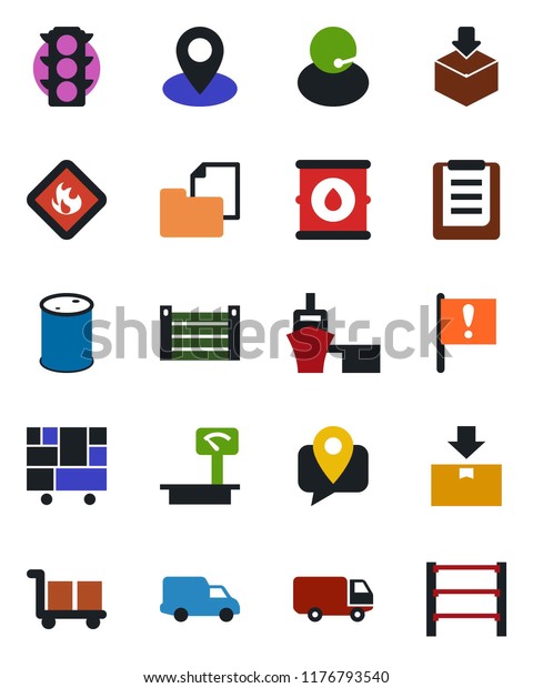 Color and black flat icon set - pin vector,\
important flag, traffic light, support, mobile tracking, car\
delivery, sea port, container, consolidated cargo, clipboard,\
folder document, package,\
rack