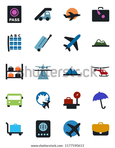 Color and black flat icon set - plane vector,\
runway, suitcase, baggage trolley, airport bus, umbrella, passport,\
ladder car, helicopter, seat map, luggage storage, scales, globe,\
mountains, case