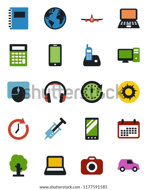 Color and
black flat icon set - plane vector, mobile phone, mouse, notebook
pc, tree, sun, syringe, earth, camera, headphones, radio, copybook,
clock, calendar, calculator,
car