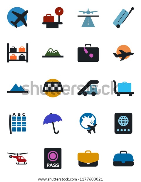 Color and black flat icon set - runway vector, taxi,\
suitcase, baggage trolley, umbrella, passport, ladder car,\
helicopter, seat map, luggage storage, scales, plane globe,\
mountains, case