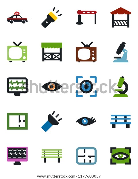 Color and black flat icon set - barrier vector, tv,\
alarm car, bench, monitor pulse, microscope, eye, torch, plan,\
alcove, scan