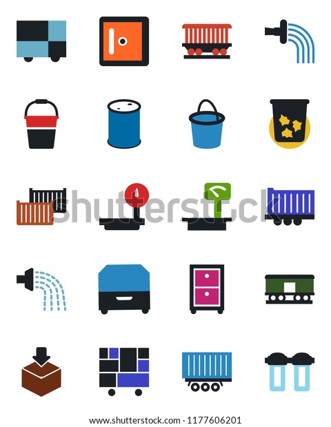 Color and black flat icon set - trash bin vector,\
checkroom, bucket, watering, railroad, truck trailer, cargo\
container, consolidated, package, oil barrel, heavy scales, archive\
box, water filter