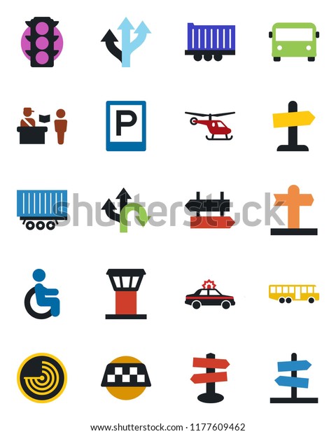 Color and\
black flat icon set - airport tower vector, taxi, bus, parking,\
passport control, signpost, alarm car, radar, helicopter, disabled,\
route, traffic light, truck trailer,\
guidepost