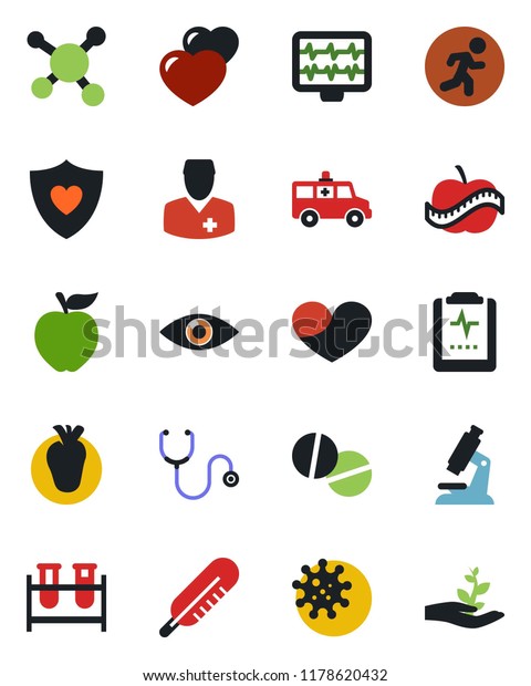 Color and black flat icon set - monitor pulse\
vector, stethoscope, blood test vial, thermometer, microscope,\
pills, ambulance car, run, heart shield, real, eye, clipboard,\
diet, doctor, virus