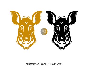 Color and black graphic detailed drawing of silhouette of smiling head of wild animal - forest boar, symbol of New Year 2019. Vector illustration, logo, icon, symbol, isolated on background.