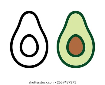 Color and black outline illustration of avocado cut in half, isolated on white background, graphic illustration. concept of fruit, healthy food, nature, vegan, design element.
