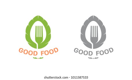 Color and black silhouette icon, logo for company, restaurant or fast food delivery service, vegetarian cuisine, healthy food. Graphic vector, isolated on background with image of spoon, fork, basil.