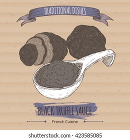 Color black truffle sauce sketch placed on cardboard background. French cuisine. Traditional dishes series. Great for restaurant, cafe, grocery stores, organic shops, food label design. 