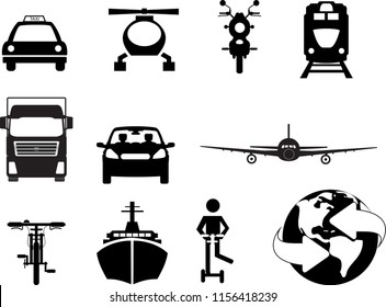 color black vector icon set  paper ship vector, eco car, plane, air , passenger wagon, train, camper, ambulance, medical helicopter, drone, globe
