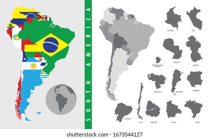 Color and black and white detailed map of South America with country silhouettes and flags