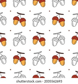 Color and black and white icons of acorns hand drawn. Minimalistic endless pattern on a white background. Autumn seamless texture