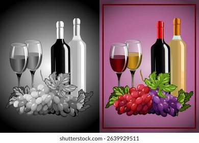 Color and black and white illustrations with wine.A set of color and black and white illustrations with grapes, glasses and bottles of wine.