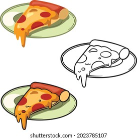 
color and black and white line Portion of pizza with mozzarella peeperoni and tomato on white plate for coloring