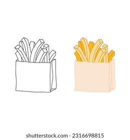 Color and black and white linear image of French fries in paper packaging. Fast food sketch food. Graphic menu symbol. Vector illustration in a doodle style.