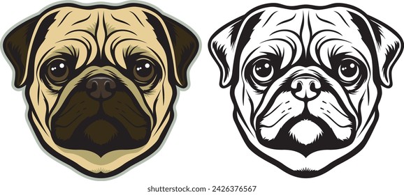 a color and black and white vector illustration of a pug's head