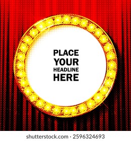 Color blank frame with light bulbs on dark blue brick wall background. Realistic 3d vector illustration of retro cinema or casino billboard with lamps. Circus or theatre empty banner template.