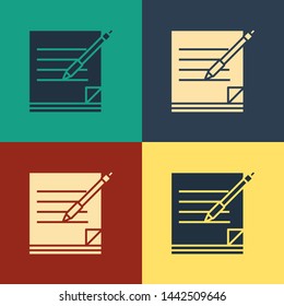 Color Blank notebook and pen icon isolated on color background. Paper and pen. Vintage style drawing. Vector Illustration