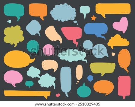 Color blank speech bubbles. Empty comics talk, dialogue clouds, doodle style, different shapes with scuffs texture, hand drawn isolated cartoon flat elements, comic banner, vector communication set