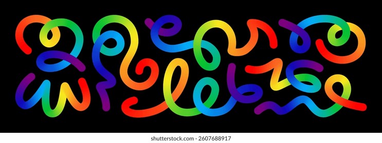 Color blend vector curved line set. Colour splash fluid shape doodle element. Gradient flow brush, squiggly scribble, happy birthday party direction sign. Bright stroke carnival confetti spiral swirl.