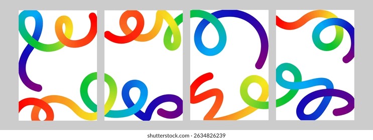 Color blend vector curved line set. Colour splash fluid shape doodle element. Gradient flow brush, squiggly scribble, happy birthday party direction sign. Bright stroke carnival confetti spiral swirl.