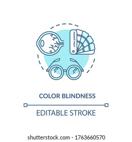Icono de concepto de ceguera de color. Problema de los hombres comunes, idea de condición ocular genética ilustración de línea delgada. Diagnóstico de deficiencia de la visión de color. Dibujo de color RGB con contorno aislado del vector. Trazo editable