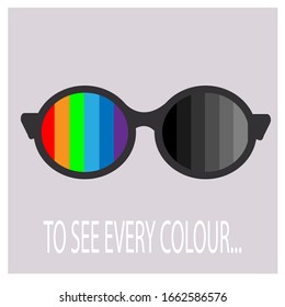 Color blindness concept vector illustration. Glasses with different colours with one side and in grey colours in another. Test, examination, healthcare