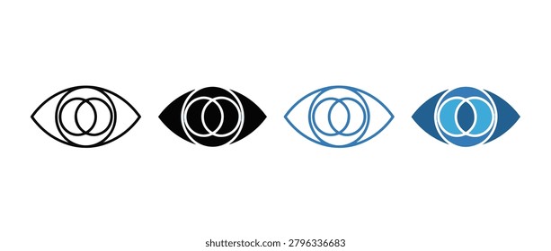 Color Blindness Icon Set. Eye with overlapping circles symbol representing color vision deficiency, visual perception testing, and accessibility concept. Vector illustration. 