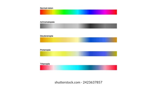 Color blindness infographic. Vision deficiency concept. Difference between colors. Deuteranomaly deuteranopia and protanomaly. Protanopia, tritanopia and tritanomaly. Achromatopsia vector illustration