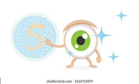 Color blindness test of the eyes good healthy present by cartoon cute character in flat design style, illustration.