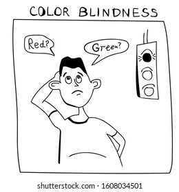 Color blindness. Thoughtful man cannot determine what color at the traffic light. Color vision deficiency. Red–green color blindness