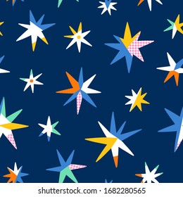 Color block abstract stars on blue, vector seamless pattern