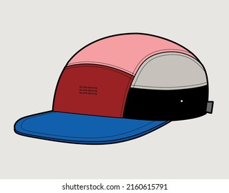 Color block cap. Cap with visor. Contrast embroidered text. Elastic adjustment at back.