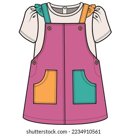 COLOR BLOCK DETAIL SKIRT DUNGAREE FOR TODDLER AND BABY GIRLS IN EDITABLE VECTOR