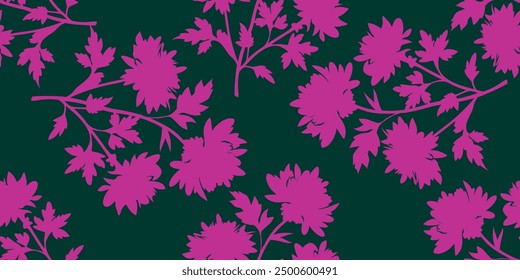 Color block floral seamless vector pattern with silhouettes of branches, flowers and leaves. Background for textiles, prints, wallpapers.