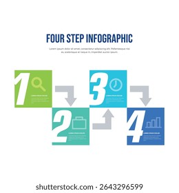 Infografía de cuatro pasos con flechas, infografía de cuatro pasos con bloques y flechas de colores, ideal para la presentación de negocios