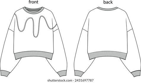 color block front fitted crew neck fashion sweatshirt cad drawing, Fashion Flat, 