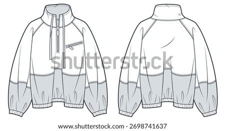 Color Block Half Zip Sweatshirt Fashion Flat Sketch. Raglan Sleeve Sport Jacket fashion flat technical drawing template, bubble, pocket, front and back view, white, grey, women, men, unisex CAD mockup