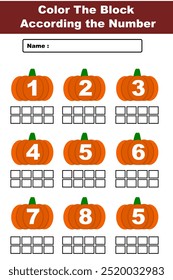 Colorea el bloque de actividad infantil. Hoja de trabajo para jardín de infantes Colorea el rectángulo en blanco con la ilustración de calabazas numerales