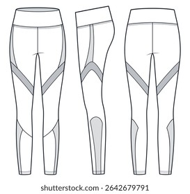 Color block Leggings with mesh trim technical fashion illustration. Sports Leggings Pants fashion flat technical drawing template, front, side and back view, white, grey, women, men, unisex CAD mockup