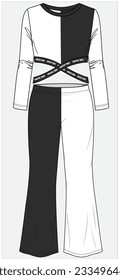 COLOR BLOCK LONG SLEEVES TEXT TAPING DETAIL CUT OUT STYLING KNIT TOP PAIRED WITH WIDE LEG FLARED KNIT TROUSERS COORDINATE SET DESIGNED FOR WOMEN TEEN GIRLS AND KID GIRLS IN EDITABLE FILE