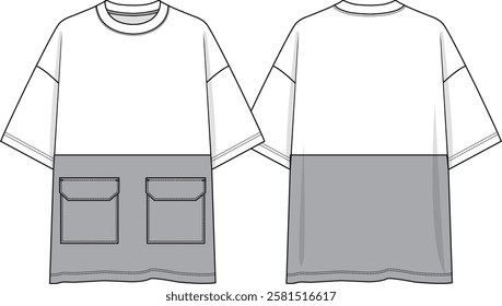 Color Block Men crew neck oversized t-shirt with double patch pockets, coloration white and grey, contrast insert at bottom hem, dropped shoulder, sketch front and back, vectors