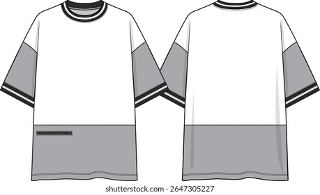 T-shirt grande da tripulação dos homens do bloco de cor com bolso do zíper do lado direito do usuário, inserção de contraste cinza na bainha inferior e mangas curtas caiu ombro, fio preto e branco corante costela no pescoço e punhos