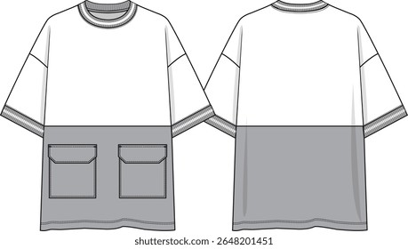 Colour Block Homens pescoço de tripulação t-shirt de grandes dimensões, bolsos de patch duplo, coloração branca e cinza, inserção de contraste na bainha inferior, mangas curtas caiu ombro, cinza e branco fio tingir costela no pescoço e punho